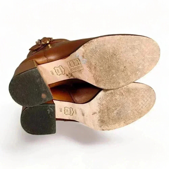Tory Burch Sophia Ankle Booties Boots British Tan Women's 5 M Leather Gold Logo - Picture 7 of 8